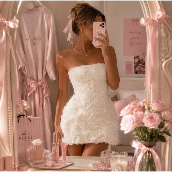 Oh Polly Dresses & Skirts - Oh Polly White Rosette Strapless Mini Dress Bridal Coquette NWT US 4